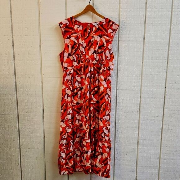 NINEโWEST Women's Orange Red Patterned Dress Spring Summer Maxi Umpire Waist L - Picture 1 of 10